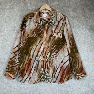 Chico’s Shirt Womens 3 Brown Red Sheer Long Sleeve Button Front Sequin- 3393*